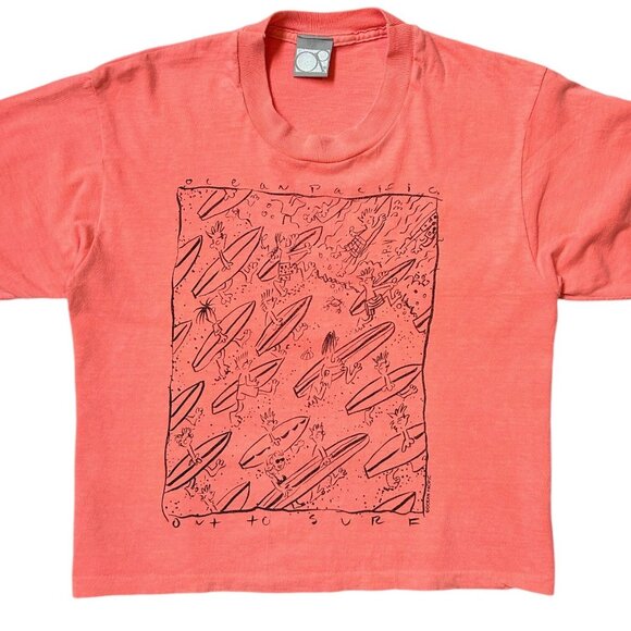 90s Vintage Ocean Pacific T-shirt Out to Surf Cartoon Single Stitch OP Crop Top. - Picture 2 of 8